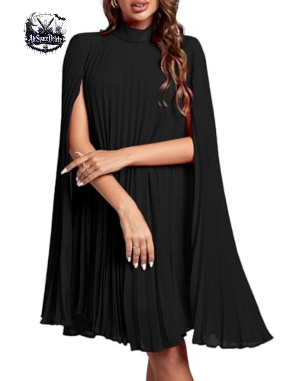 Rooscier Women's Cloak Sleeve Pleated Midi Dress Mock Neck Party